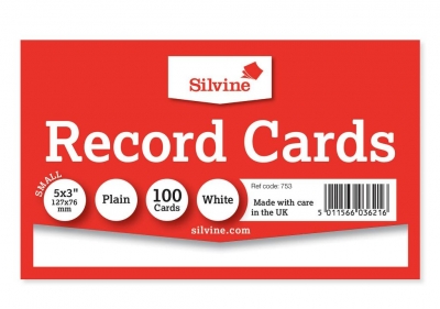 Silvine 100 White Plain Record Cards 127mm X 76mm