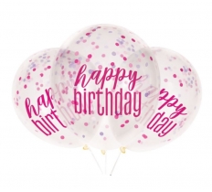 12" Glitz "Happy Birthday" Balloons With Confetti Pink 6 Pack