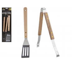 BBQ TONGS AND TURNER WITH WOODEN HANDLE