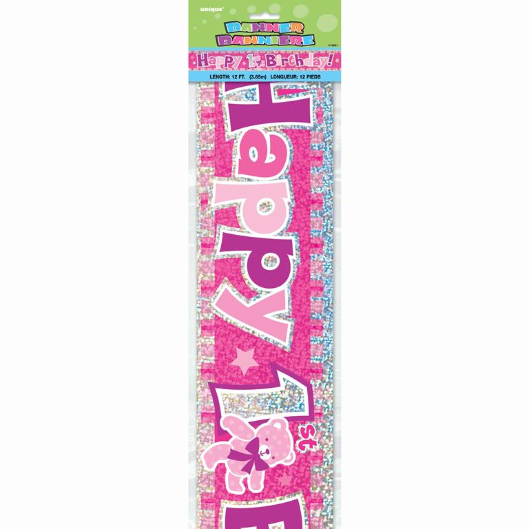 Happy 1St Birthday Pink Prism Banner 12 Ft - Click Image to Close