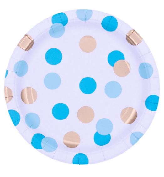 Blue & Gold Dots Paper Plates Pack Of 8 - Click Image to Close