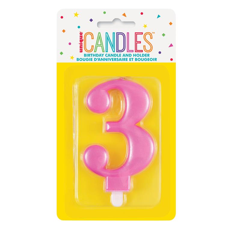 Metallic Pink Number 3 Birthday Candle - Click Image to Close