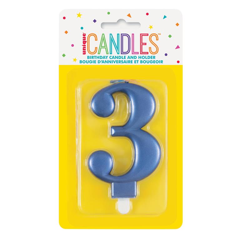 Metallic Blue Number 3 Birthday Candle - Click Image to Close