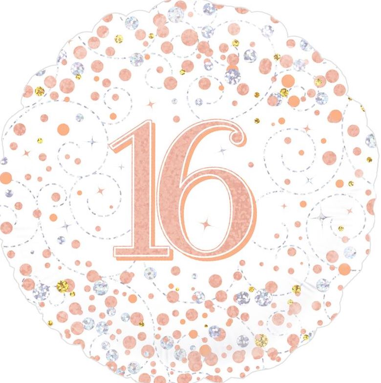 Oaktree 18" 16Th Birthday White & Rose Gold Foil Balloon - Click Image to Close