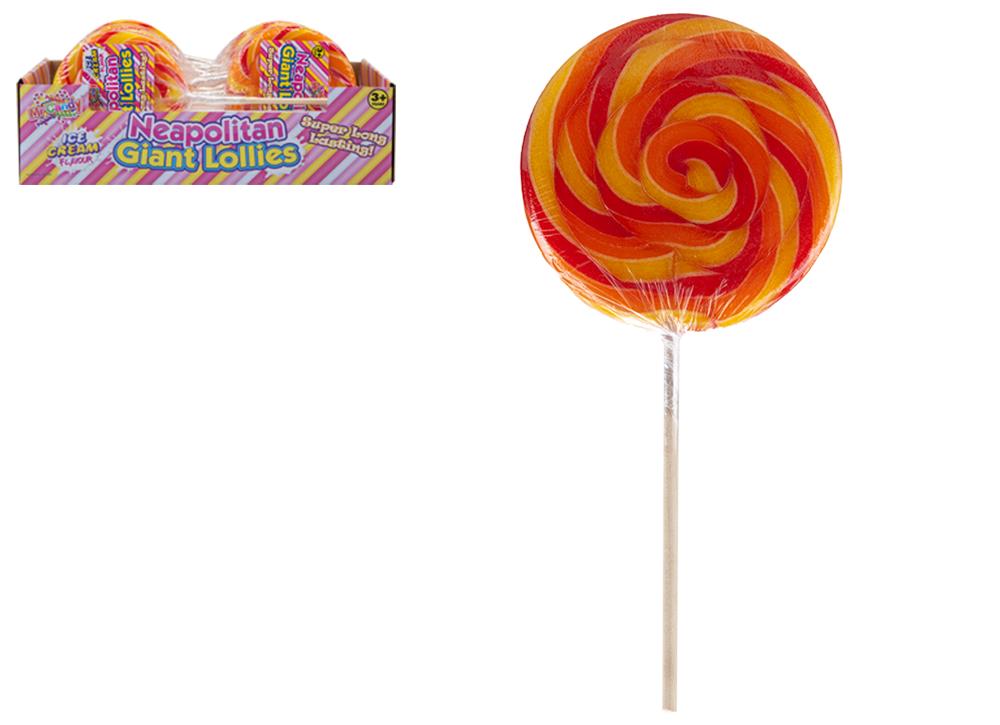 Neapolitan swirl candy lolly on stick 110gm - Click Image to Close