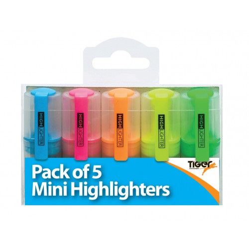 Tiger Pack Of 5 Mini Highlighters - Click Image to Close