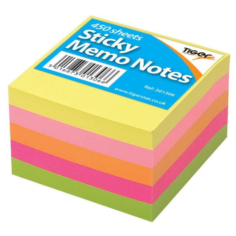 Tiger Neon Sticky Memo Notes 75mm X 75mm 450 Sheet Block - Click Image to Close