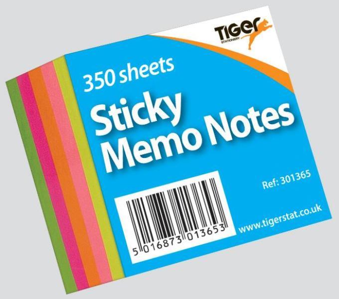 Tiger Neon Sticky Memo Notes 50mm X 50mm 350 Sheet Block - Click Image to Close