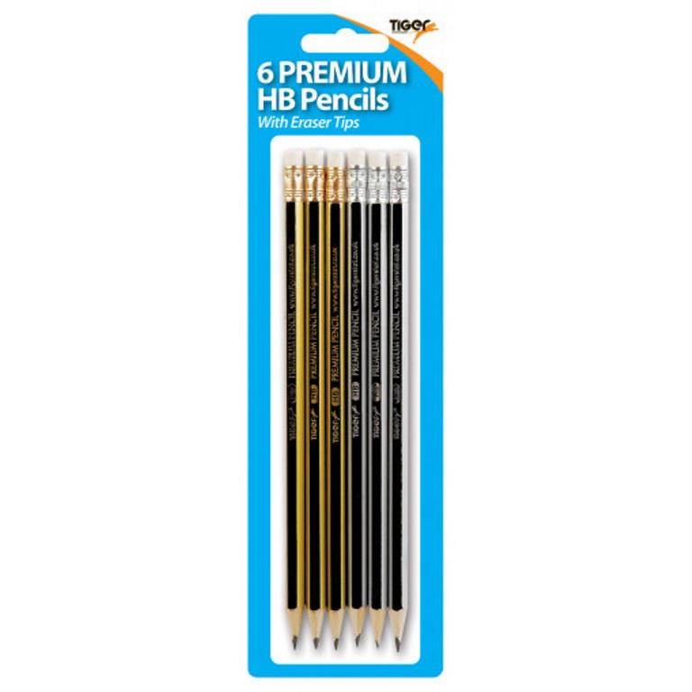 Tiger Premium Eraser Top Hb Pencils 6 Pack - Click Image to Close