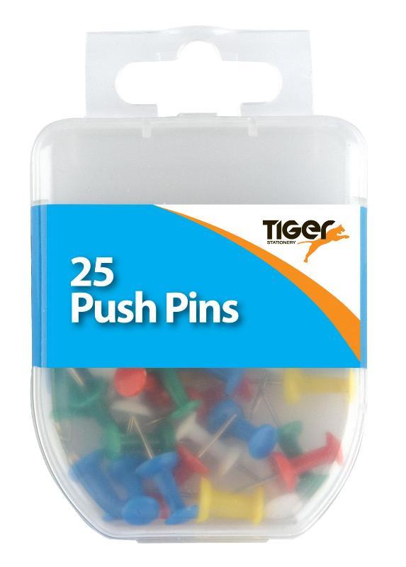 Tiger Essential 25 Push Pins Coloured - Click Image to Close