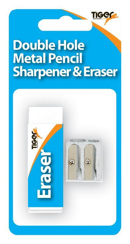 Tiger Blister Carded Double Metal Sharpener With Eraser - Click Image to Close