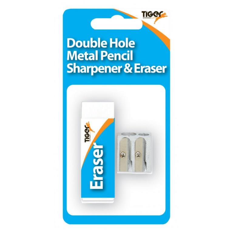 Tiger Blister Carded Double Metal Sharpener With Eraser - Click Image to Close