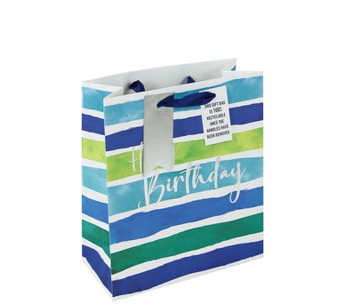 Happy Birthday Blue stripes Medium Gift Bag