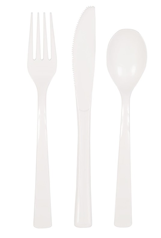 White Solid Assorted Plastic Cutlery 18pc - Click Image to Close