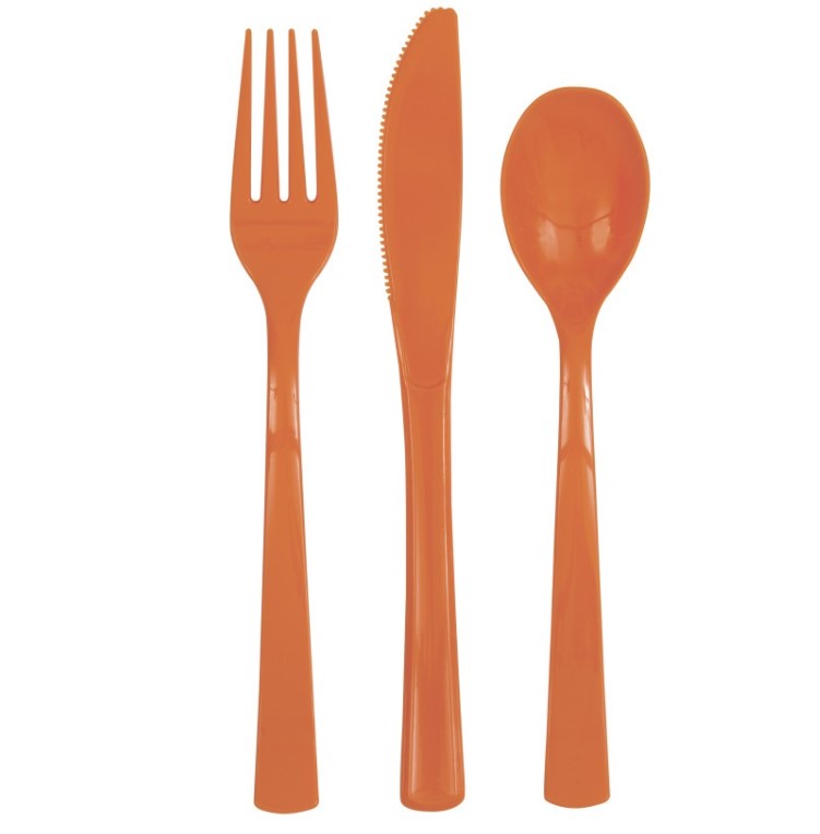 Pumpkin Orange Solid Assorted Plastic Cutlery 18pc - Click Image to Close