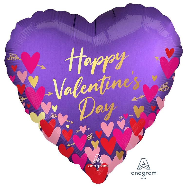18" Satin Happy Valentines Day Hearts & Arrows Balloon - Click Image to Close
