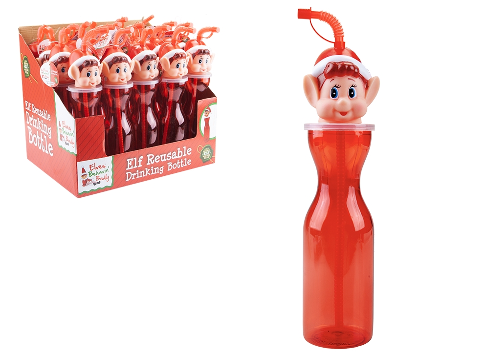 Elf Head Red Plastic Bottle With Flexi Straw 450ml - Click Image to Close