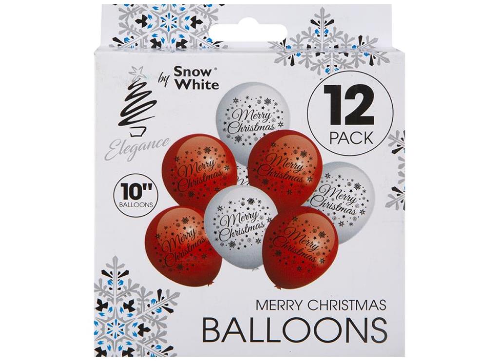 10" PRINTED CHRISTMAS BALLOONS IN HANGING BOX PACK OF 12 - Click Image to Close