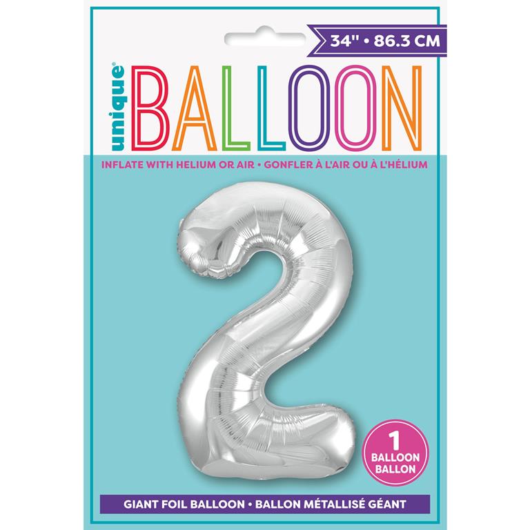 Silver Number 2 Shaped Foil Balloon 34" - Click Image to Close