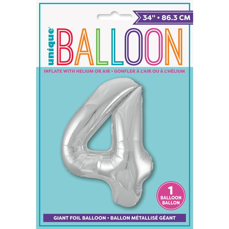 Silver Number 4 Shaped Foil Balloon 34" - Click Image to Close