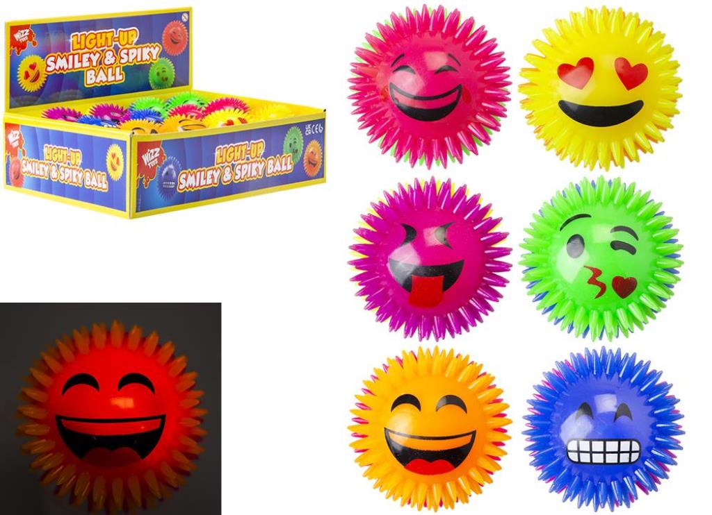 Light Up 6.5cm Smiley Face Spikey Ball ( Assorted Colours ) - Click Image to Close