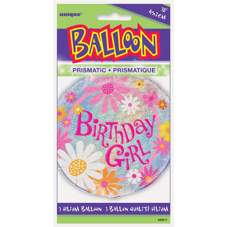 BIRTHDAY GIRL PRISM ROUND FOIL BALLOON 18" - Click Image to Close