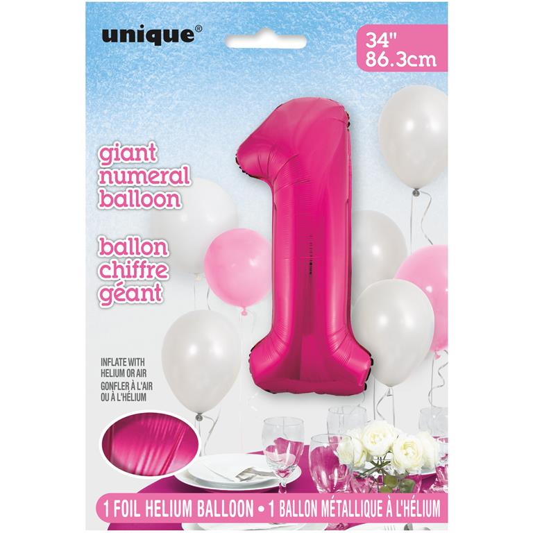 Pink Number 1 Shaped Foil Balloon 34" - Click Image to Close