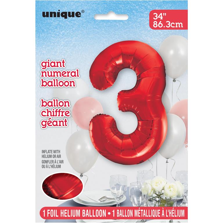 Red Number 3 Shaped Foil Balloon 34" - Click Image to Close
