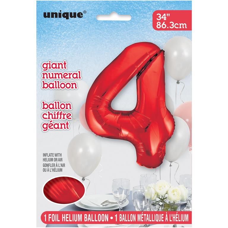 Red Number 4 Shaped Foil Balloon 34" - Click Image to Close
