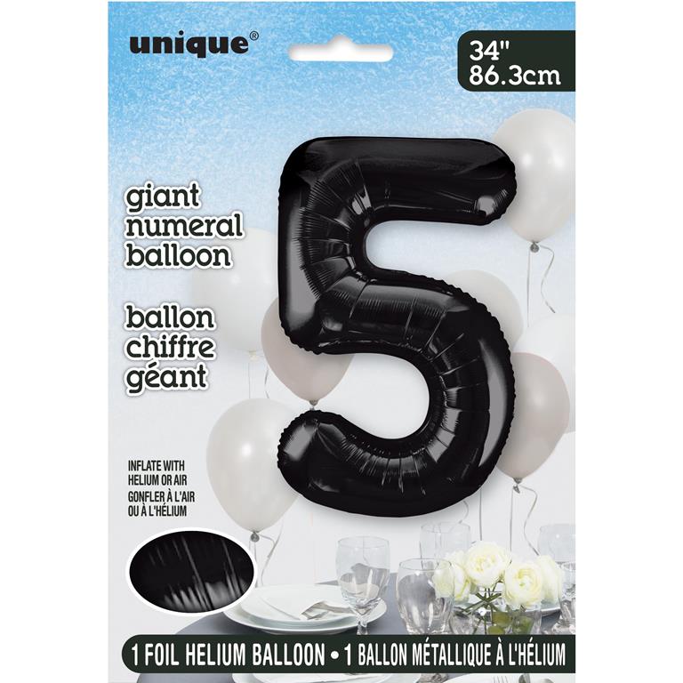 Black Number 5 Shaped Foil Balloon 34" - Click Image to Close