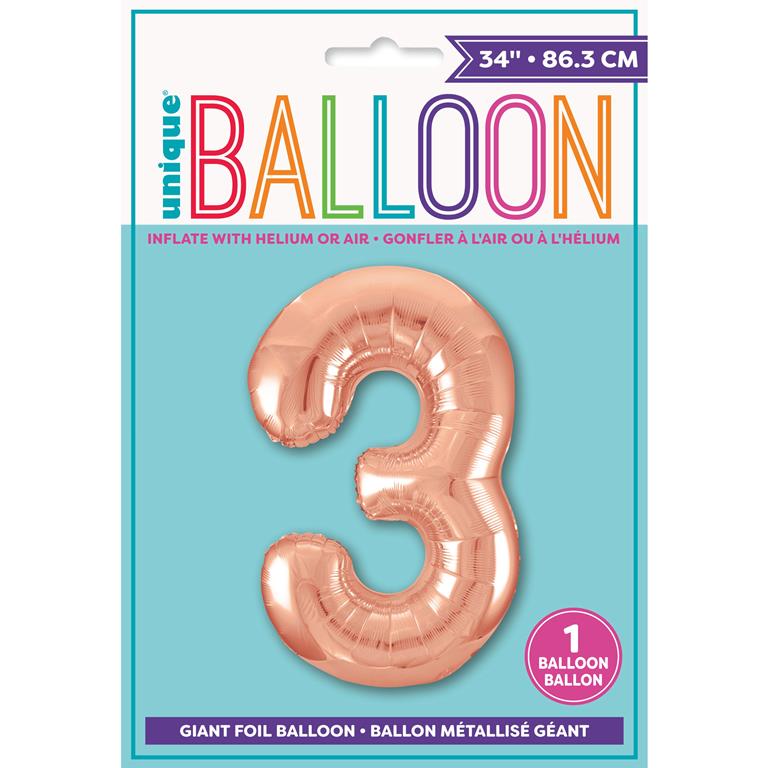 Rose Gold Number 3 Shaped Foil Balloon 34" - Click Image to Close