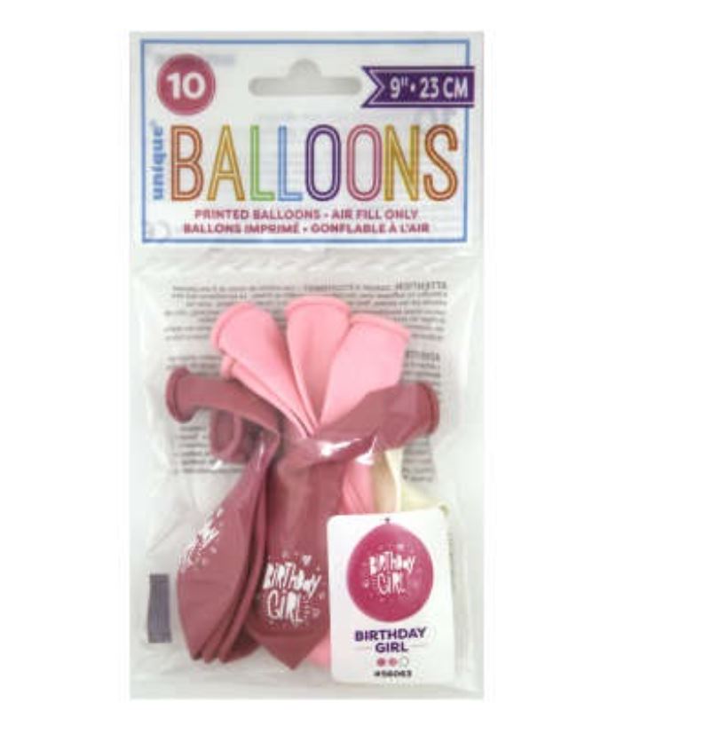 9" Birthday Girl Balloon Pack Of 10 - Click Image to Close