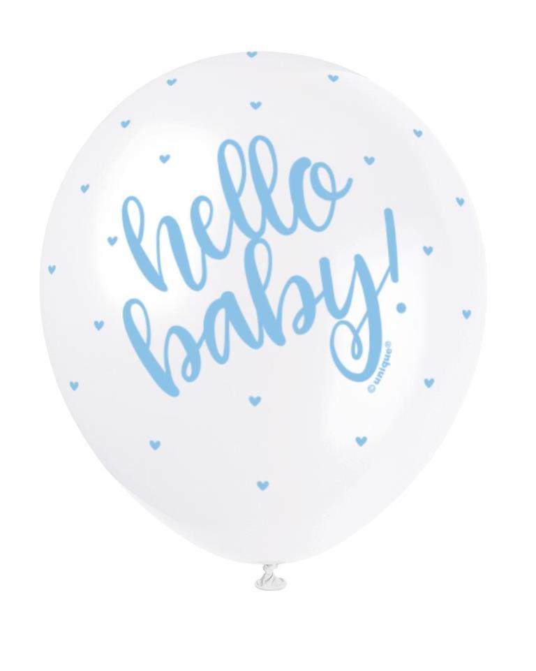 Blue "Hello Baby" 12" Latex Balloons 5 Pack - Click Image to Close