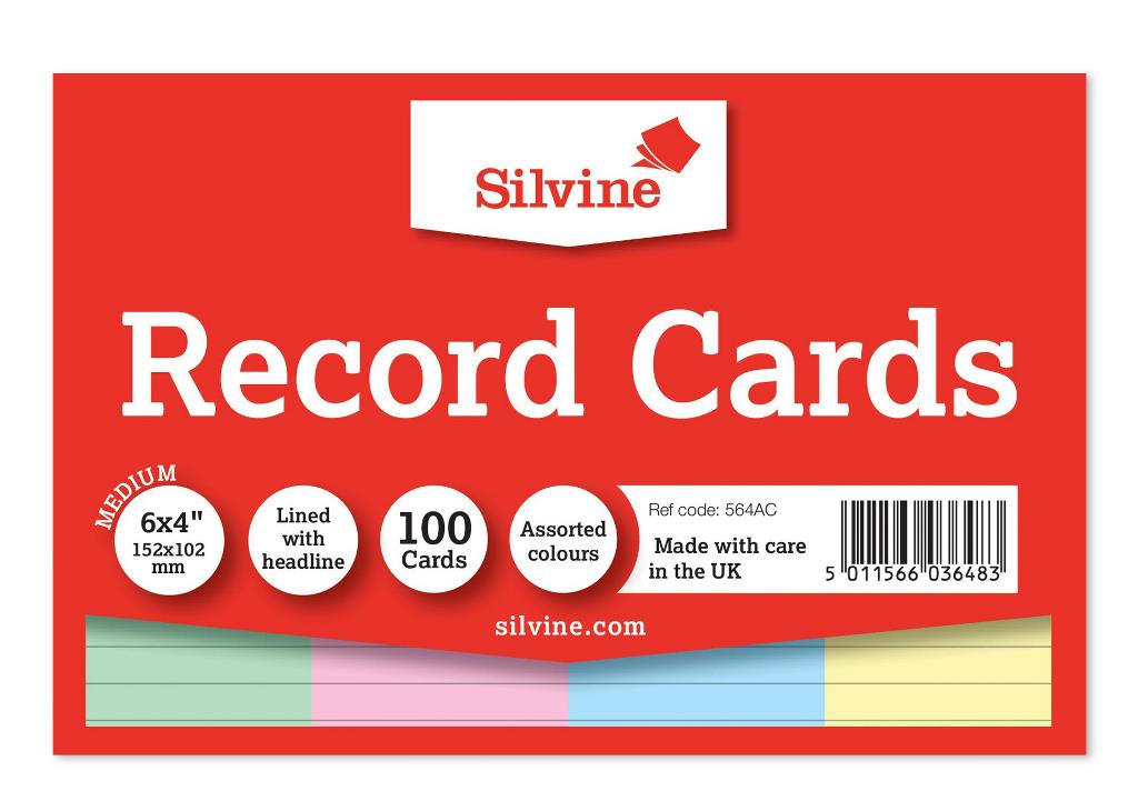 Silvine 100 Coloured Ruled Record Cards 152mm X 102mm - Click Image to Close