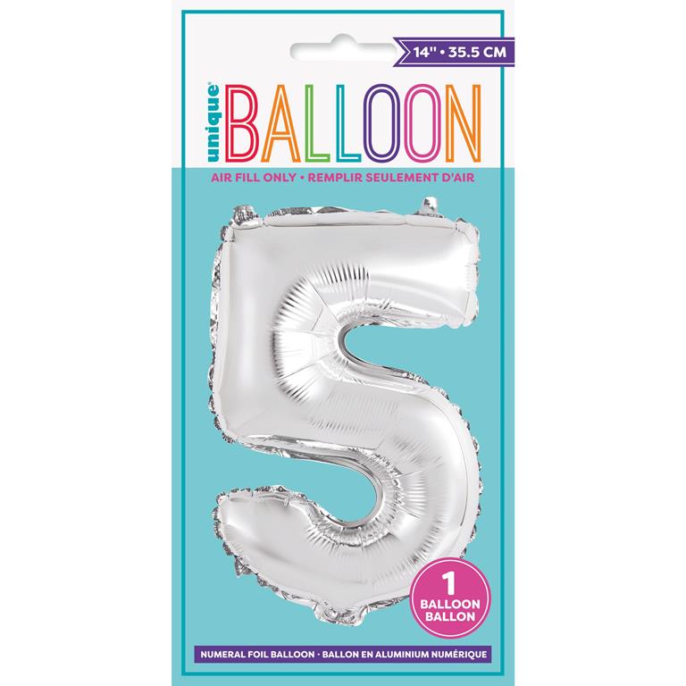 Silver Number 5 Shaped Foil Balloon 14" - Click Image to Close