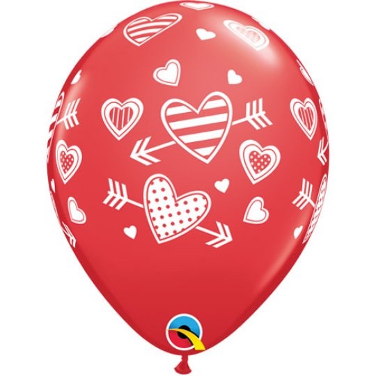 Qualatex 11" Round Red Hearts & Arrow Latex Balloon Pack 25 - Click Image to Close