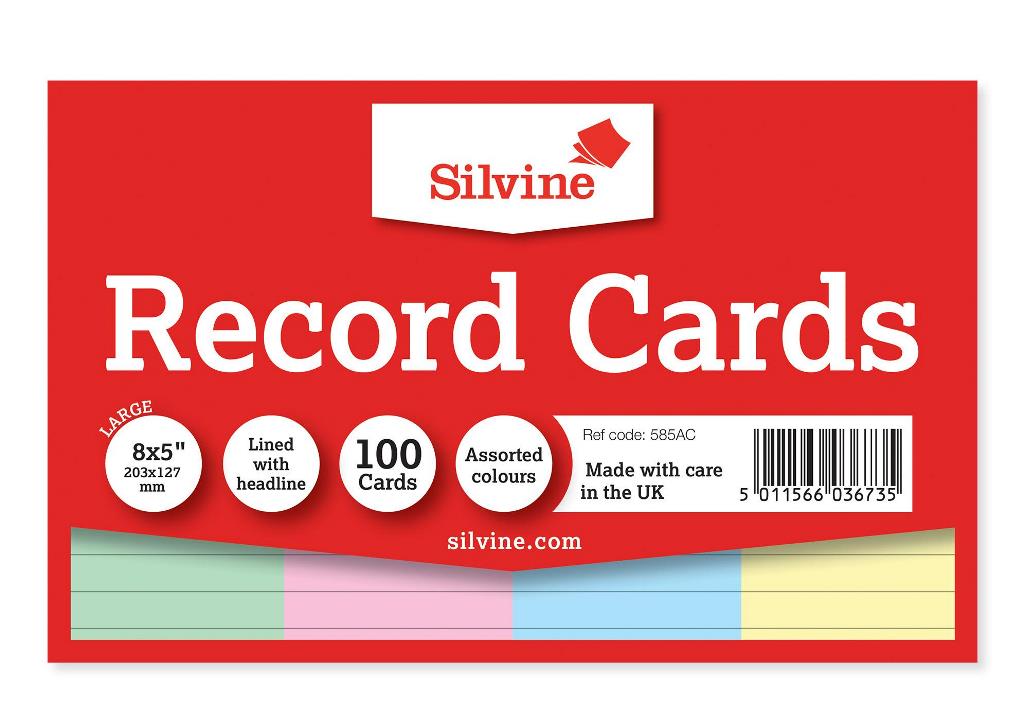 Silvine 100 Coloured Ruled Record Cards 203mm X 127mm - Click Image to Close