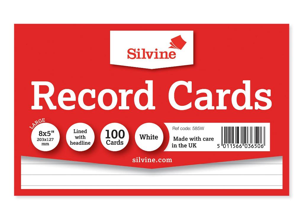 Silvine 100 White Ruled Record Cards 203mm X 127mm - Click Image to Close