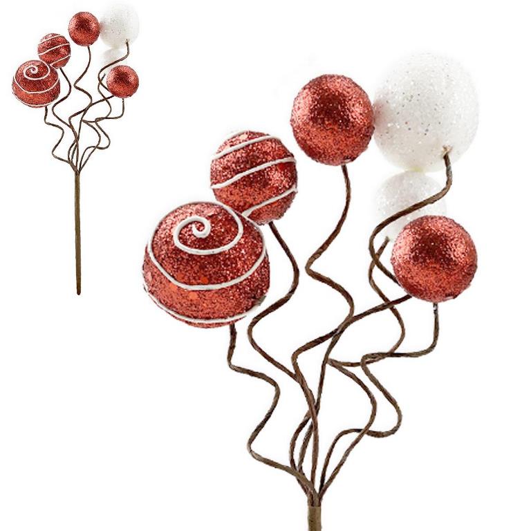 32CM CURLY GLITTER BALL PICK RED & WHITE - Click Image to Close