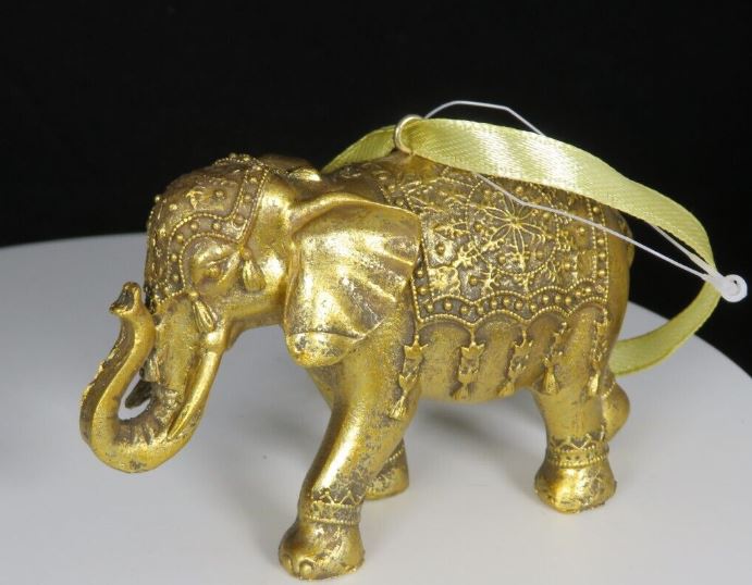 Resin Hanging Elephant Gold on Satin Ribbon - Click Image to Close