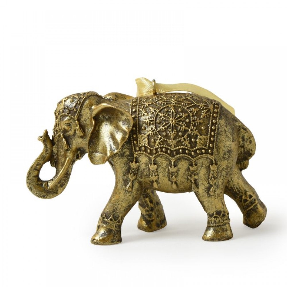 Hanging Elephant In Gold Resin With Satin Ribbon - Click Image to Close