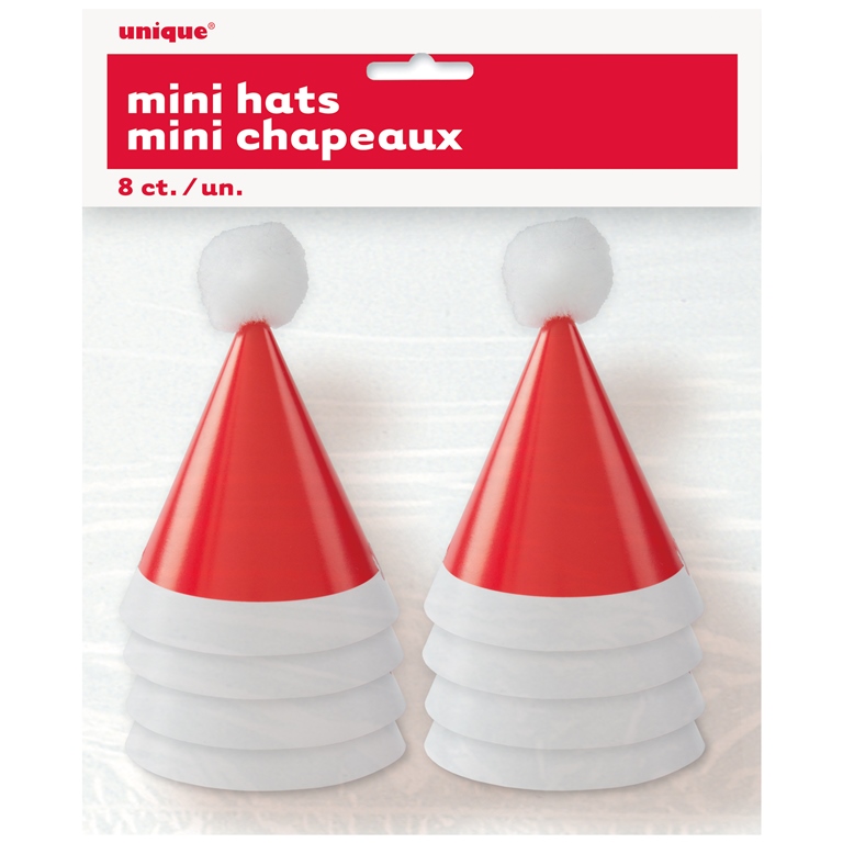 8 PACK MINI POM POM SANTA PARTY HAT - Click Image to Close