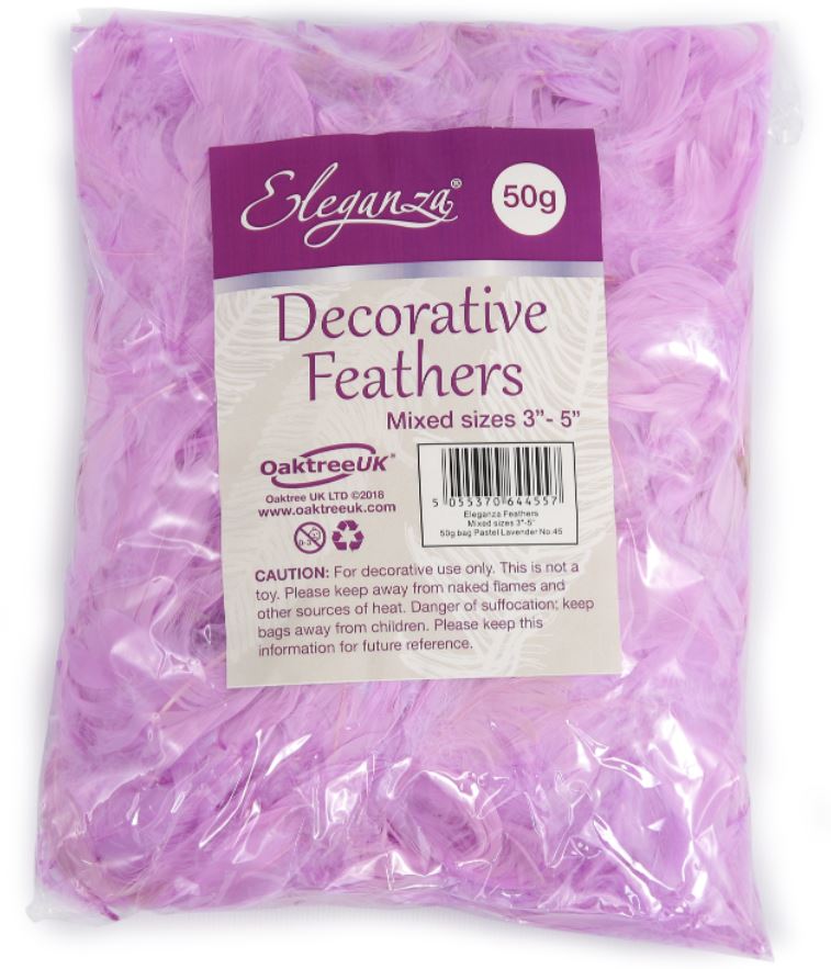 Eleganza Feathers Mixed Sizes 3-5" 50G Bag Pastel Lavender - Click Image to Close