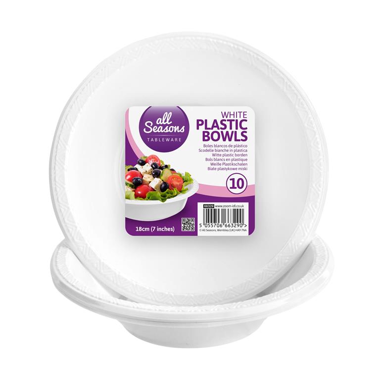 White Plastic Bowls 18cm 10 Pack - Click Image to Close