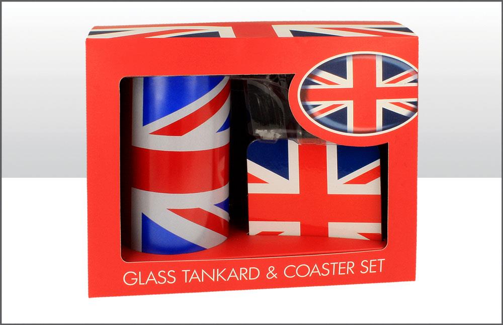 Union Jack Glass Tankard And Coaster Set - Click Image to Close