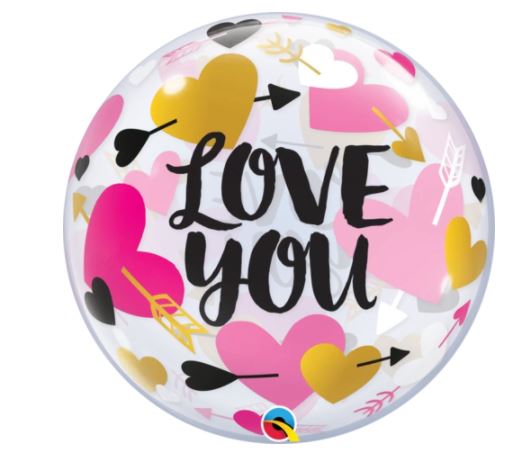 Single 22" Bubble Love You Hearts & Arrow Balloon - Click Image to Close