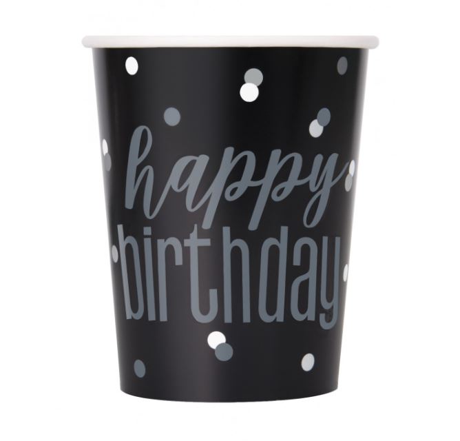 8 Gltz Black And Silver Dot Birthday 9oz Cups - Click Image to Close
