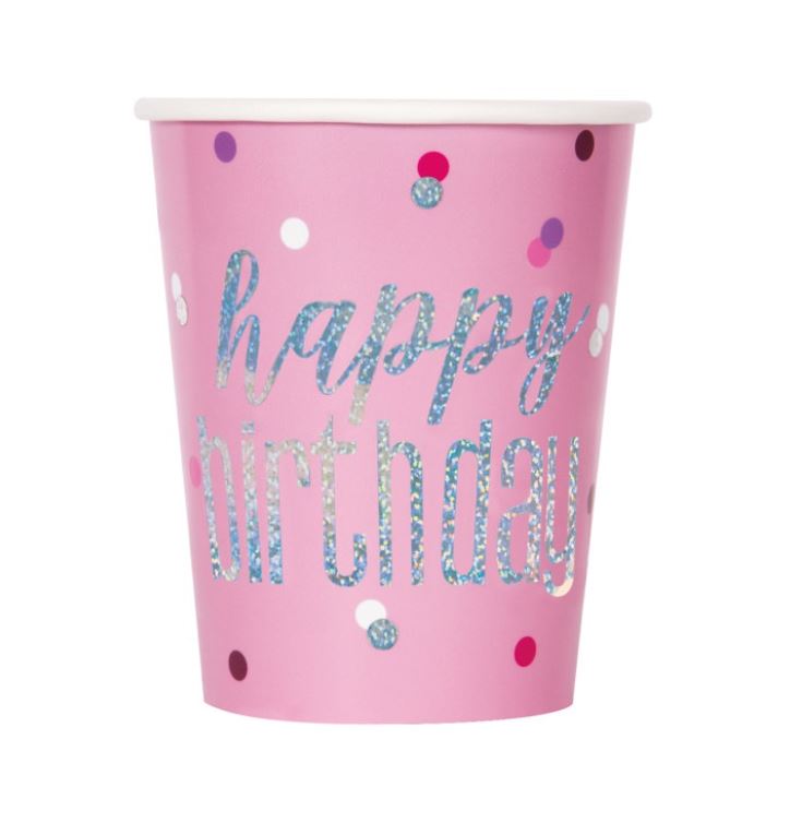 8 Gltz Pink Happy Birthday Prsm 90Z Cup - Click Image to Close