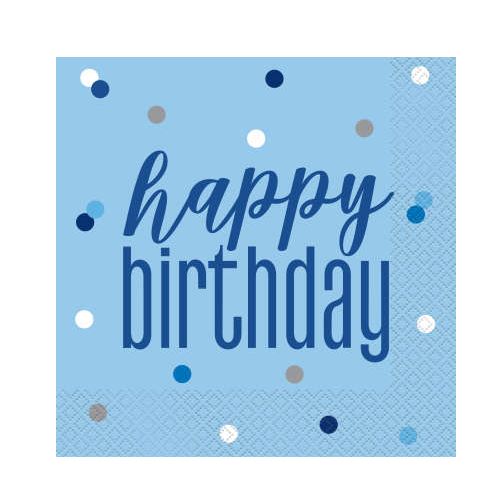 Glitz Blue & Silver Happy Birthday Paper Napkins 16 Pack - Click Image to Close