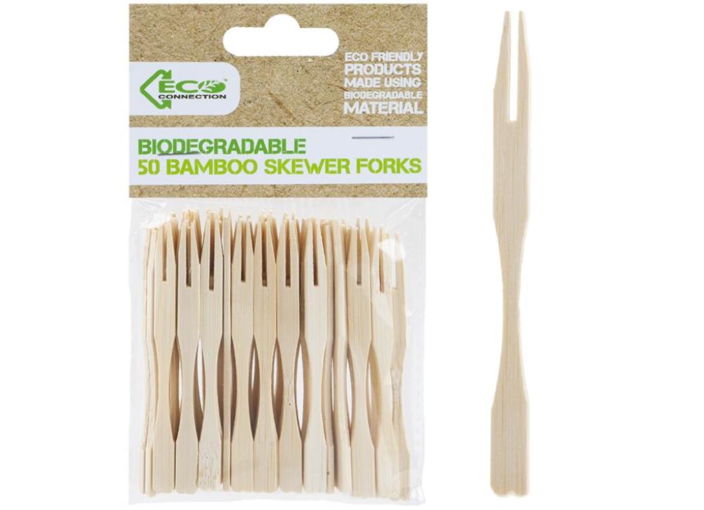 Eco Connection 50 Pack 9cm Bamboo Skewer Forks - Click Image to Close